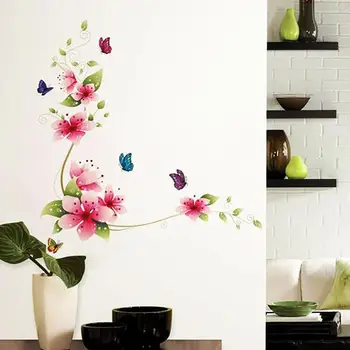 Цветущие цветы Бабочка Наклейка на стену для офиса, магазина, украшения дома Diy Художественные фрески в натуральном стиле Наклейка из ПВХ Плакат с растением