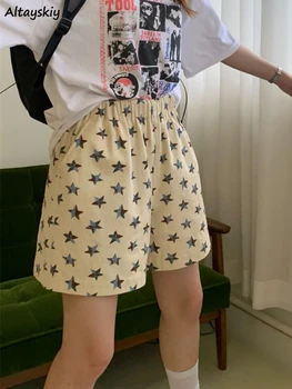 Широкие шорты Женские Летние дышащие винтажные с принтом в виде звезд, Sweet Ulzzang, базовые, с высокой талией, для студентов, универсальные, в стиле харадзюку, разработанные