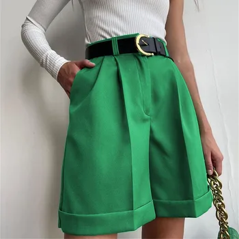 Элегантные шорты с высокой талией для женщин, модные широкие брюки с карманами, Зеленые повседневные Свободные шорты Лето 2023 Streetwea