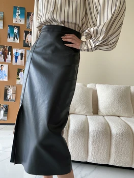 Элегантные юбки для женщин с высокой талией, Тонкая черная женская кожаная юбка с разрезом, Осенняя новая модная кожаная коричневая юбка с темпераментом