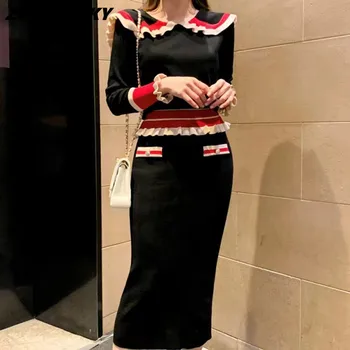 Элегантный Черный свитер, комплект из 2 предметов, Женский вязаный топ в полоску с воротником 