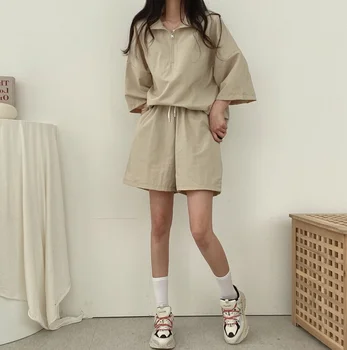 Южная Корея Instagram 100, пуловер на молнии со стоячим воротником, свободный топ + спортивные широкие шорты с высокой талией для отдыха, комплект из двух предметов
