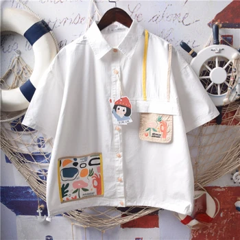 Японские Рубашки Вышивка Кнопку Лоскутное Кардиган Блузки Весна Лето Харадзюку Топы Старинные Опрятный Стиль Девушки Одежда 2023