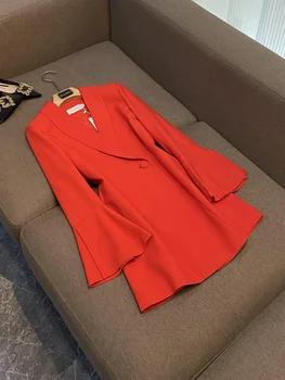 Яркий однотонный Красный воротник-шаль, Женское Модное офисное платье, Женский Расклешенный Блейзер Миди с длинным рукавом на одной пуговице